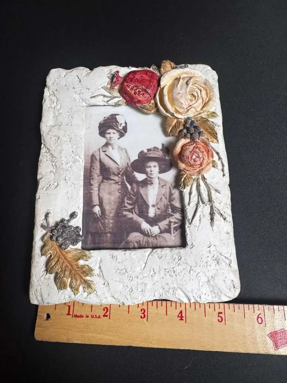 Vintage 3D Floral Resin Picture Frame with Roses and Pomegranate Accents